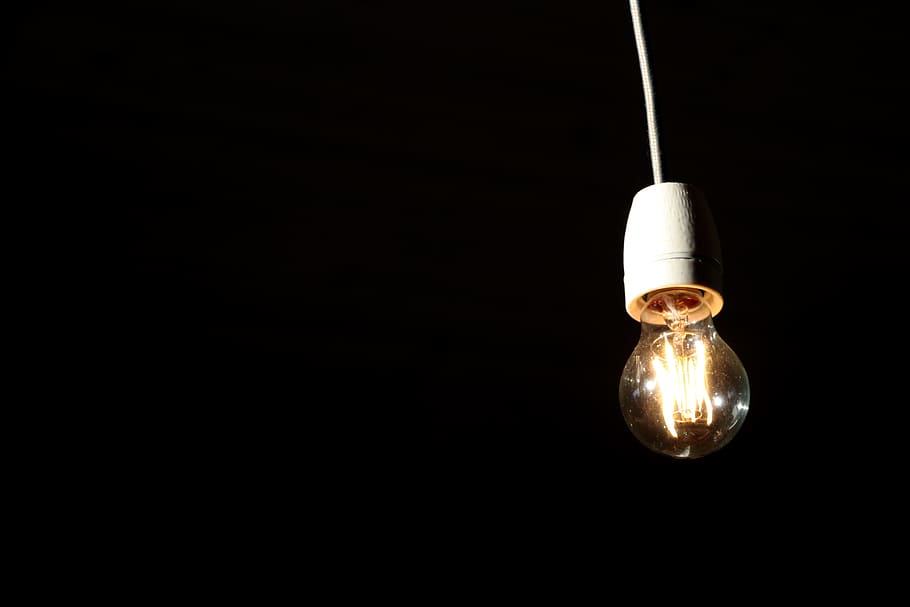 Lamp, Light Bulb, light, lighting, ceiling lamp, electricity, black background, illuminated, studio shot, copy space