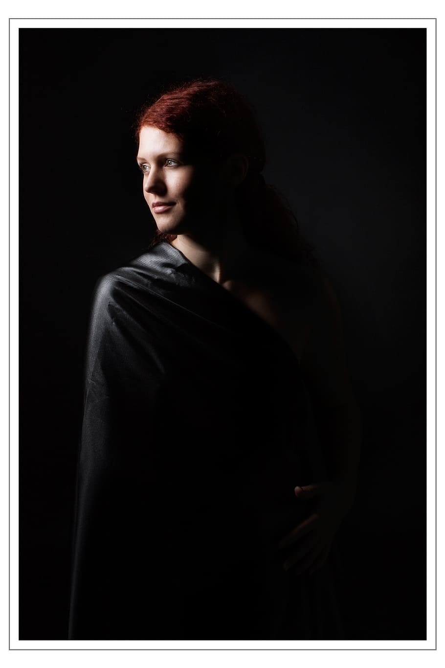 woman, wearing, black, robe, chiaroscuro, portrait, lady, miss, face, person