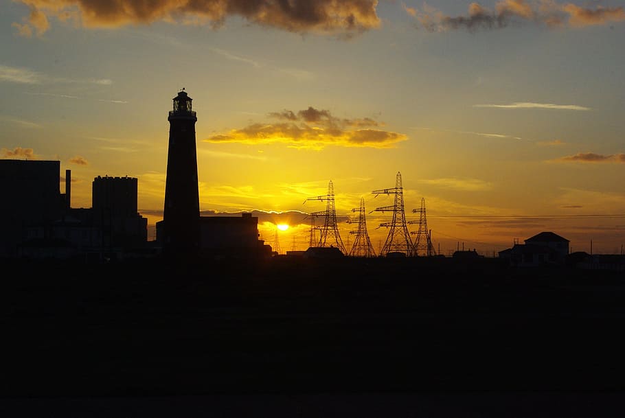 sunset, lighthouse, dungeness, romney marsh, kent, power station, pylons, energy, sky, industry