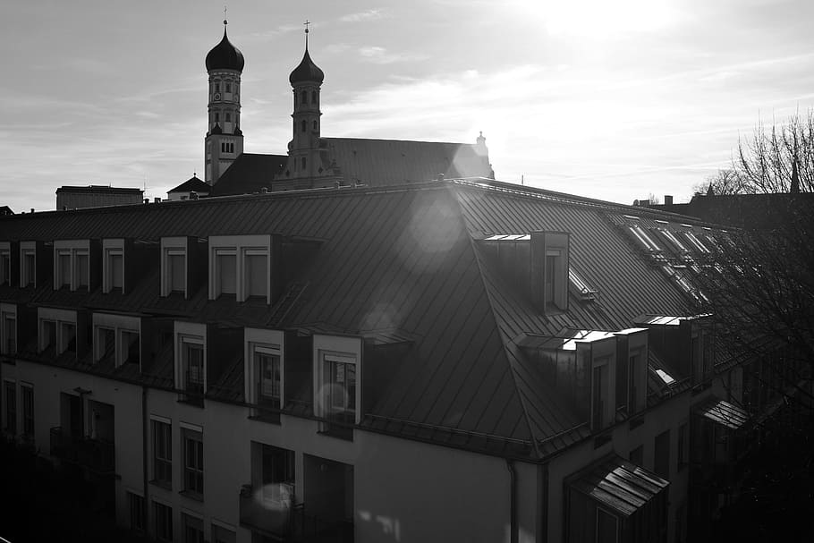 homes, city, architecture, building, old town, real estate, terraced houses, augsburg, churches, monochrome