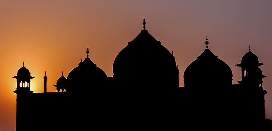 Silhouettes, Sunset, Mosque, India, Agra, sky, setting sun, sun, beauty, twilight