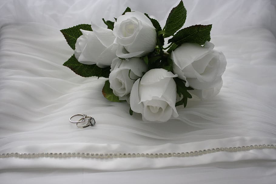 five, white, rose, flowers, bouquet, white roses, rings, engagement ring, wedding band, wedding