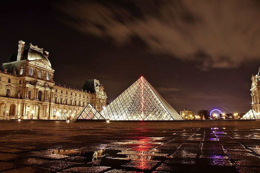 Museo del Louvre, París, Louvre, Francia, arquitectura, arte, construcción, ciudad, nubes, oscuro