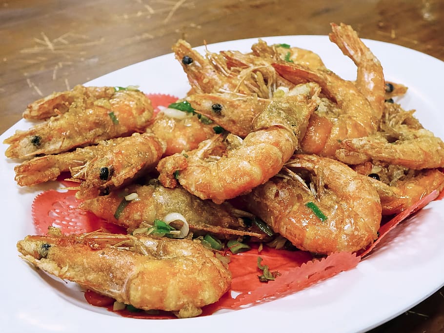 sauteed shrimp, plate, prawns, shrimps, fried, salted egg, seafood, cuisine, restaurant, food