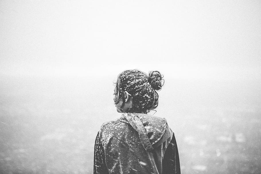grayscale photo, woman, back, snow, grayscale, photography, girl, hoodie, standing, winter