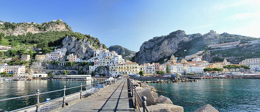bridge, across, buildings, daytime, amalfi, italy, port, amalfi coast, summer, sea