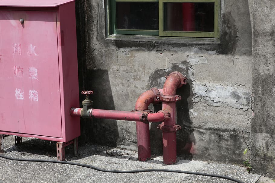 fire hydrant, private message, double-barreled, architecture, pipe - tube, pink color, wall - building feature, built structure, day, building exterior