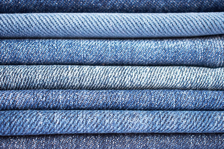 jeans, kain, biru, denim, bahan, tekstil, latar belakang, bingkai penuh, tumpukan, bertekstur