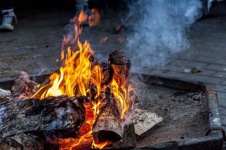 fogueira, chamas, fogo, madeira, fumaça, queimando, fogo - fenômeno natural, chama, calor - temperatura, madeira - material