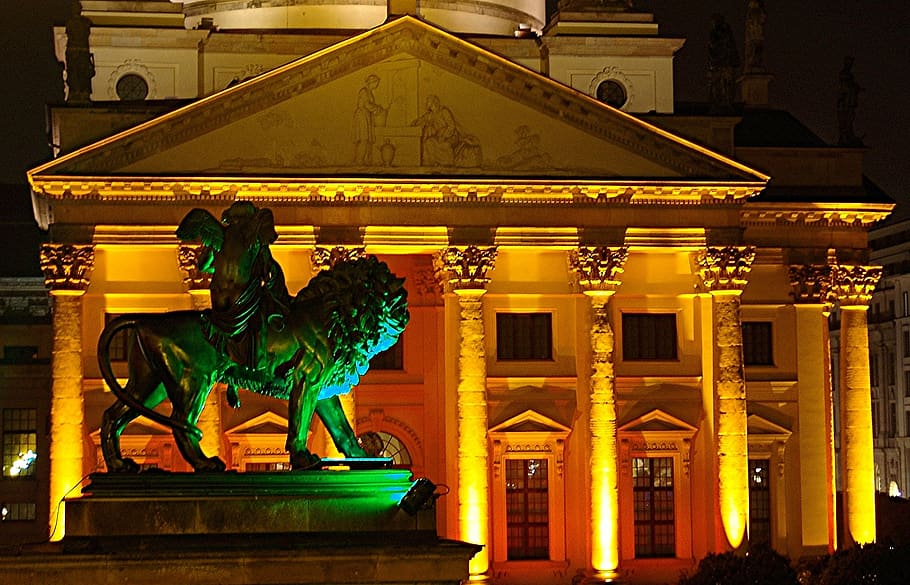 gendarmenmarkt, berlin, architecture, landmark, building, church, romance, dom, night, lion