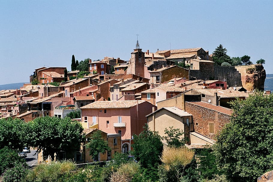 buildings near trees, roussillon, france, city view, red ochre, french community, small town, places of interest, mediterranean, provence