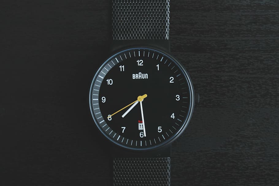bulat, hitam, braun analog, jam tangan, 7:29, waktu, perusahaan, saham, abadi, jam