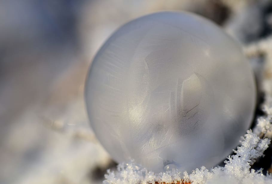 fechar, fotografia, bola de bugiganga, bolha, bolha de sabão, congelado, inverno, frio, gelo, bolha congelada
