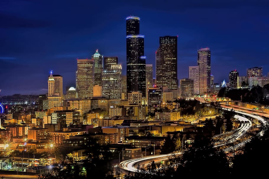 city, night time, skyline, downtown, seattle, cityscape, urban, blue hour, illuminated, architecture