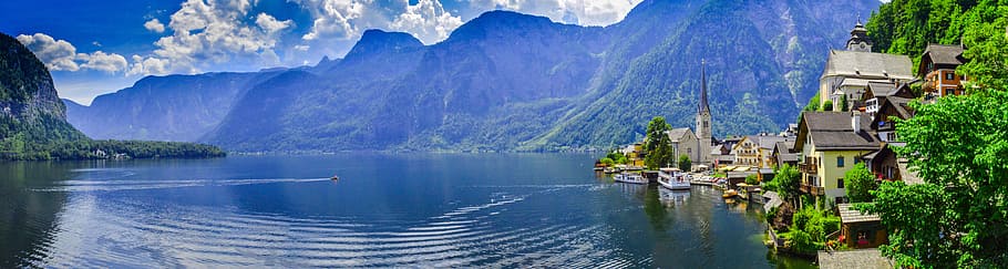 houses, body, water, mountain, panorama-like, nature, body of water, panorama, heaven, austria