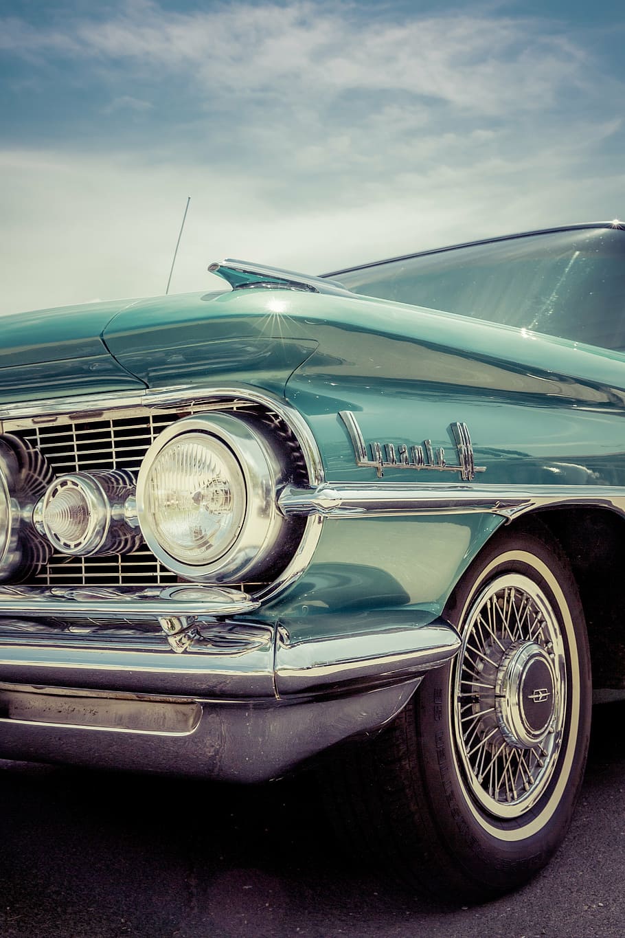 classic, teal chevy impala, oldtimer, vintage, auto, us car, muscle car, retro, vehicle, chrome