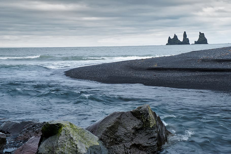 iceland, north atlantic, rock, branding, water, wave, stones, cliffs, clouds, sea