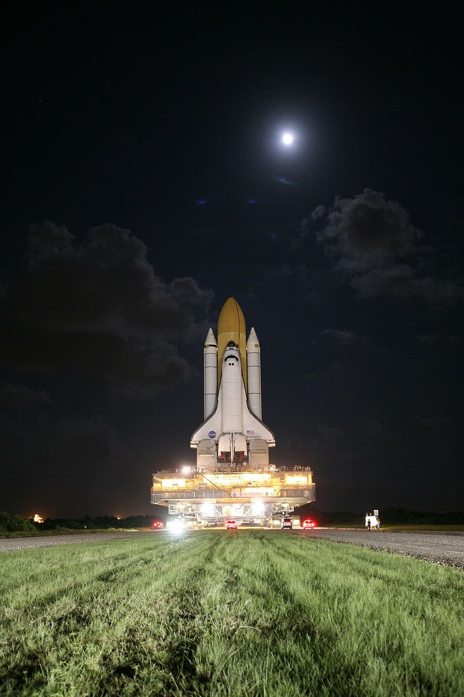 space shuttle, grass, rollout, moon, waning, stars, night, launch, pad, endeavour