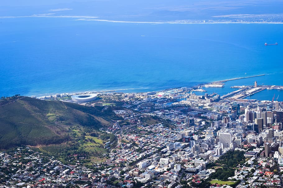 aerial from table mountain, south africa, cape town, scenic, mountain, nature, rock, mountains, road, landscape