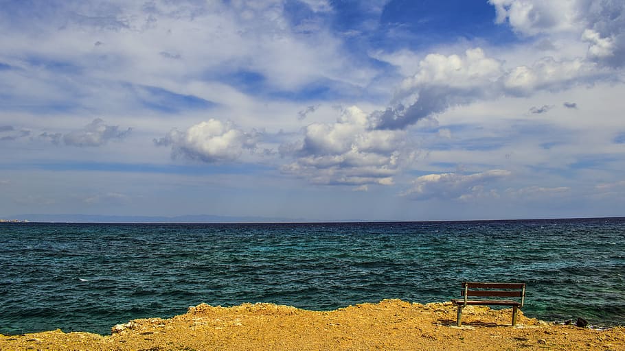 Sea, Horizon, Clouds, Bench, sky, view point, seascape, scenery, kapparis, cyprus