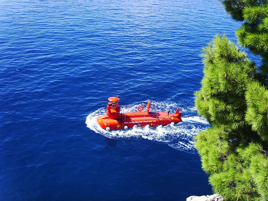 Red, U-Boat, Adriatic Sea, blue sea, red u-boat, high angle view, transportation, blue, water, nautical vessel