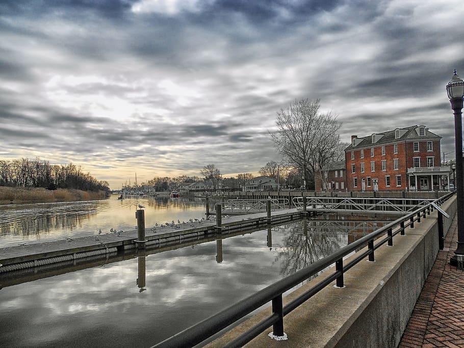 Delaware City, River, Canal, Water, Hdr, sky, clouds, trees, buildings, reflections