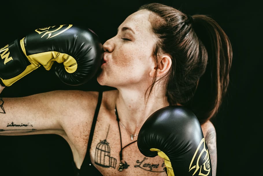 woman kiss, punching, glove, people, girl, boxing, gloves, fitness, exercise, work out