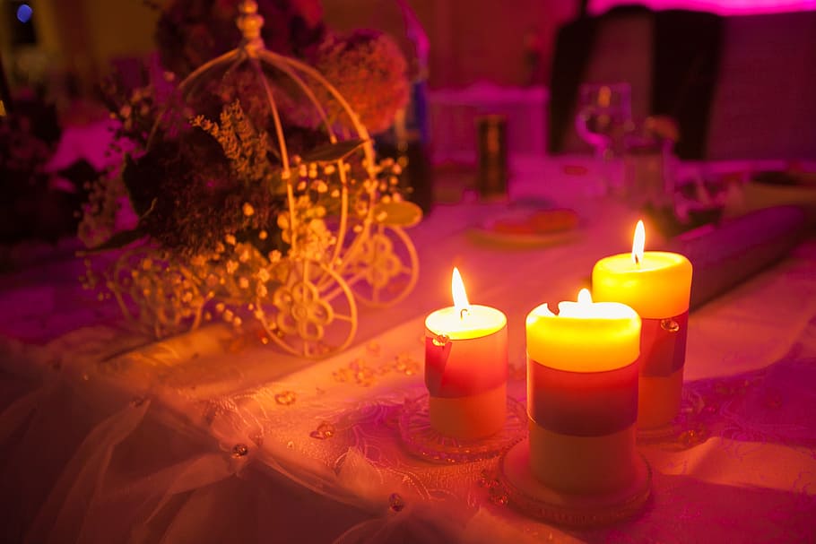 table, setup, cloth, flower, candle, light, dinner, date, burning, flame