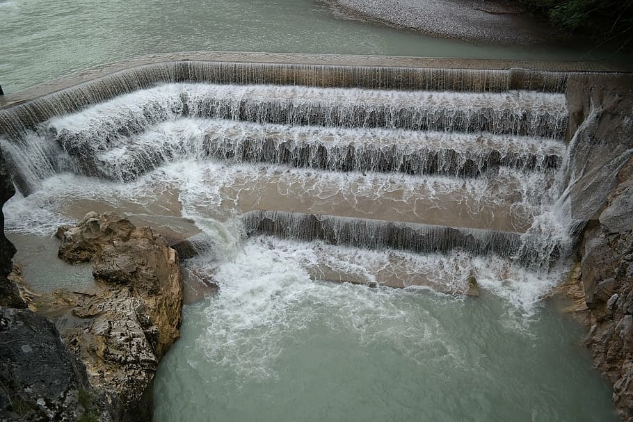 lechfall, weir, waterfall, water, river, füssen, water power, murmur, inject, gradually
