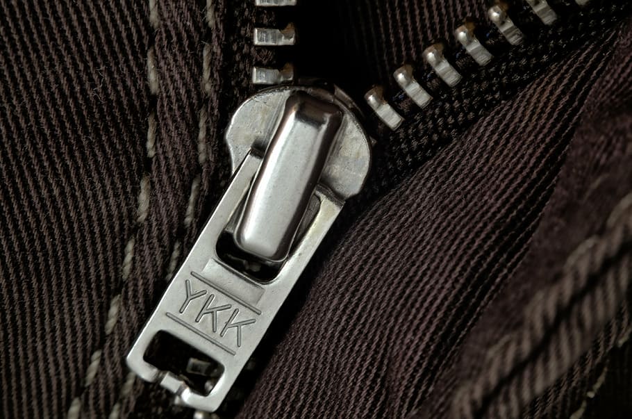 grey ykk zipper, zipper, closure, fabric, pants, close, seam, close-up, indoors, textile