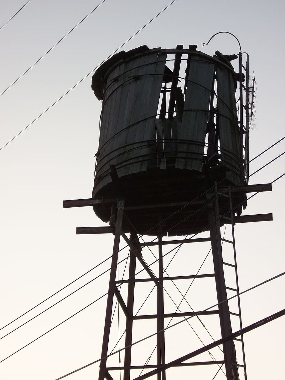 Water Tower, Dawn, Power Lines, Old, wooden, broken, cable, silhouette, low angle view, fuel and power generation