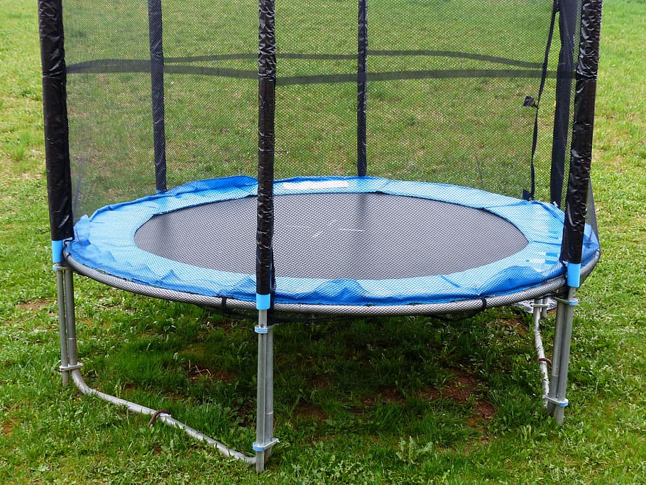 round, blue, black, grass, Trampoline, Sports Equipment, sport, jump, safety net, play