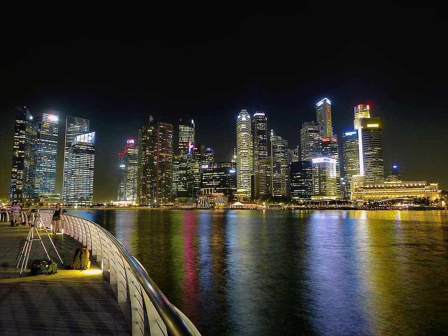 Cityscape artwork, sungai singapore, kaki langit, bangunan, air, distrik keuangan, pencakar langit, arsitektur, perkotaan, kantor