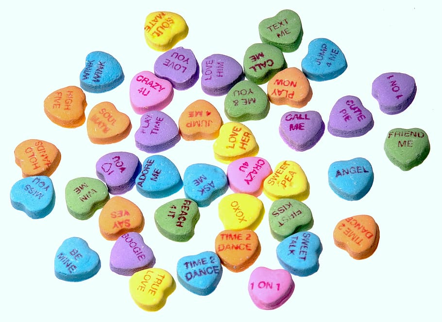 assorted, heart-shaped tablet souvenir lot, hearts, love, personal message, conversation, sweethearts, valentine, i love you, call me