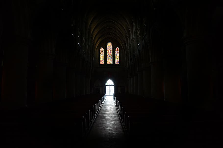 aisle, cathedral, darkness to light, catholic, church, light at then end of the tunnel, religious, spiritual, faith, historic