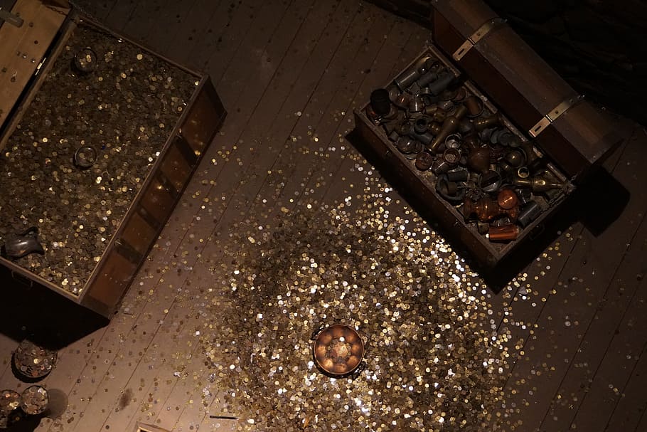 coins, gold, store, the middle ages, piggybank, high angle view, food and drink, indoors, container, kitchen
