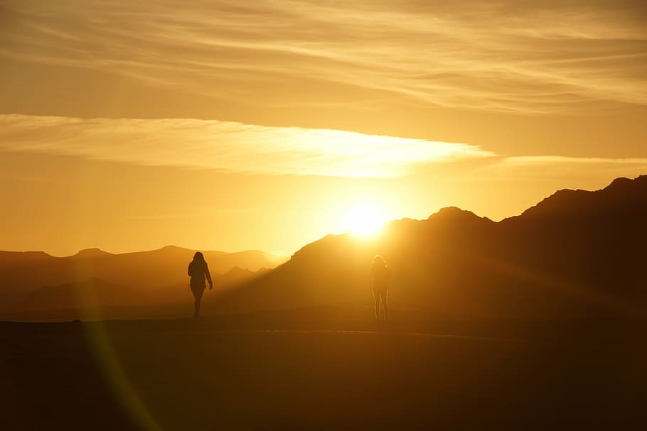 silhouette photo, two, person, mountains, sunrise, morocco, desert, mountain, nature, outdoors