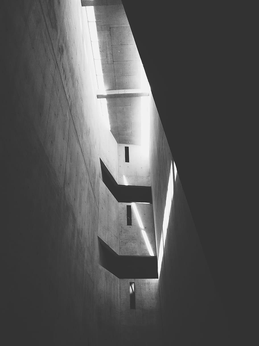 jewish museum, berlin, architecture, holocaust museum, indoors, black And White, built structure, wall - building feature, building, illuminated