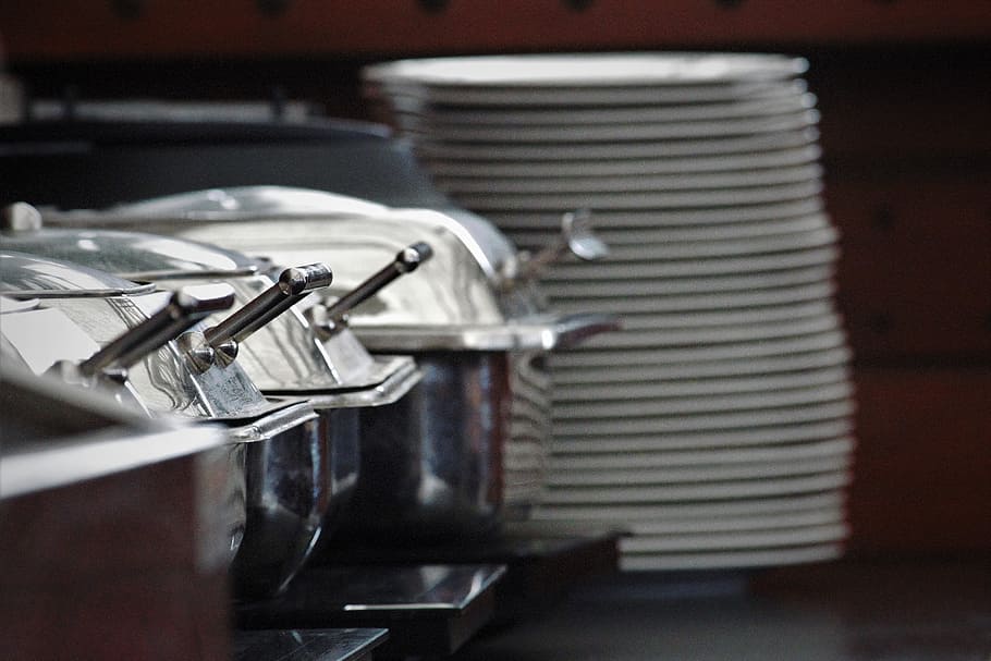 grey, stainless, steel buffet server, stack, white, ceramic, plates, food, buffet, restaurant
