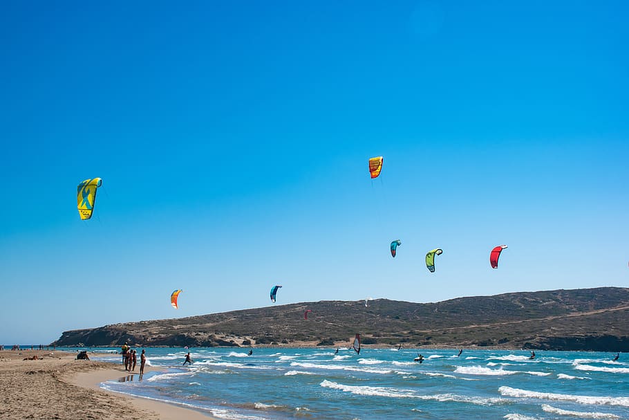 rhodes, sea, kite, water, coast, island, greece, fun, sky, blue