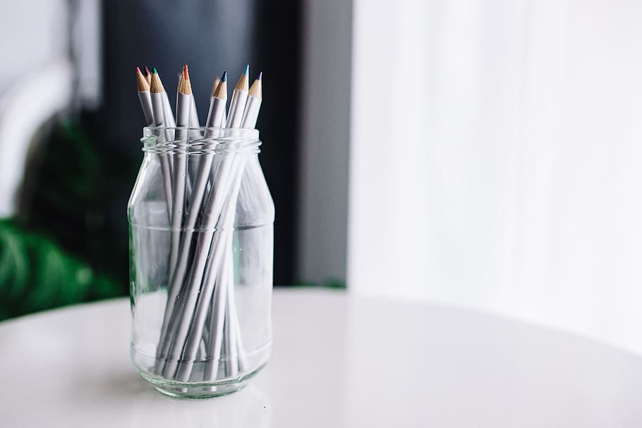 pencils, drawing, jar, colorful, Black-and-white, notebook, white, smartphone, various, items