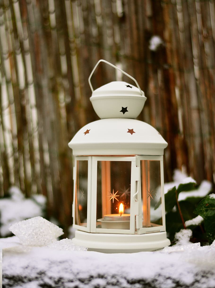 white, metal, framed, candle lantern, lantern, light, snow, winter, christmas, winter decoration