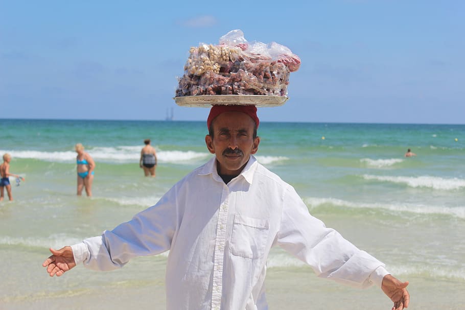 Laut, Tunisia, Pantai, Perjalanan, Matahari, penjual, penduduk asli, hari, langit, di luar ruangan
