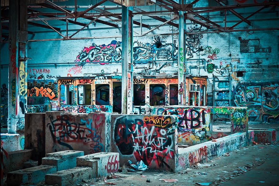 graffiti art, lost places, factory, old, lapsed, building, hall, ruin, leave, industrial building