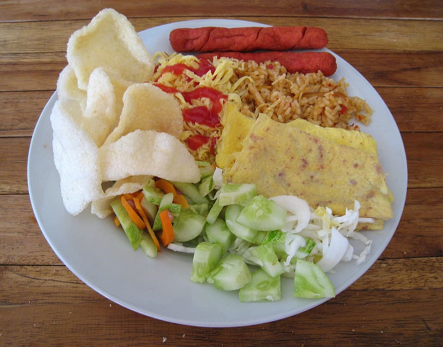 rice, egg, chicken, crab chips, salad, food, plate, meal, cuisine, delicious