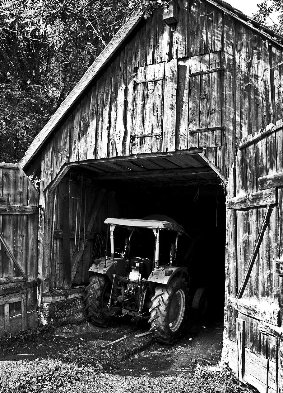 barn, tractor, tractors, agriculture, farm, hay, transportation, day, architecture, built structure