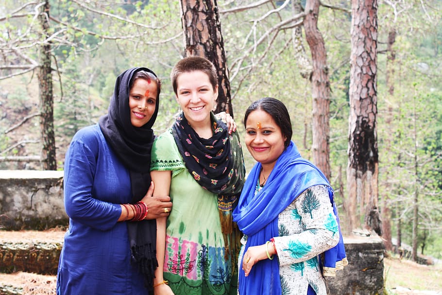 indian woman, lady, rural, himalayan woman with foreigner lady, happy lady, smiling, happiness, looking at camera, tree, young adult