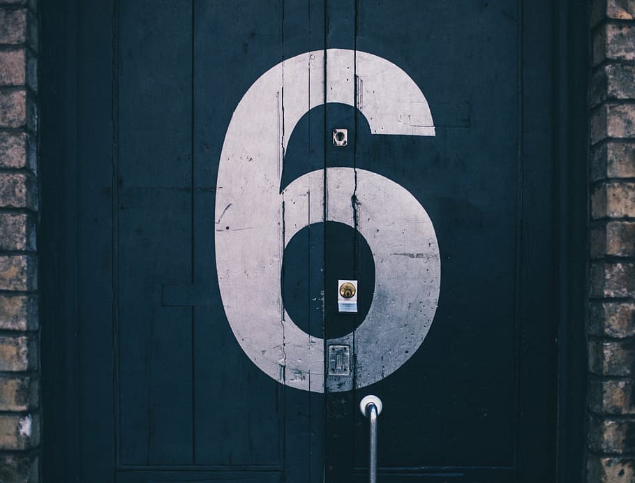 pintu kayu biru, enam, nomor, pintu, bata, kayu, pegangan, hari, di luar ruangan, close-up