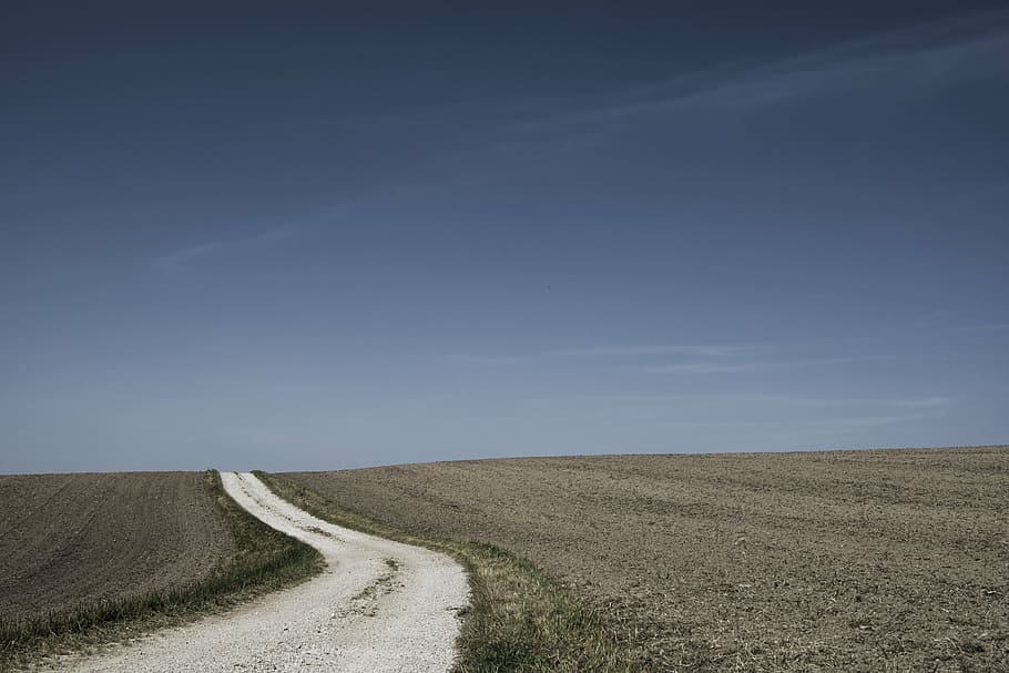 white, road, blue, sky, shallow, focus, photography, surrounded, brown, field