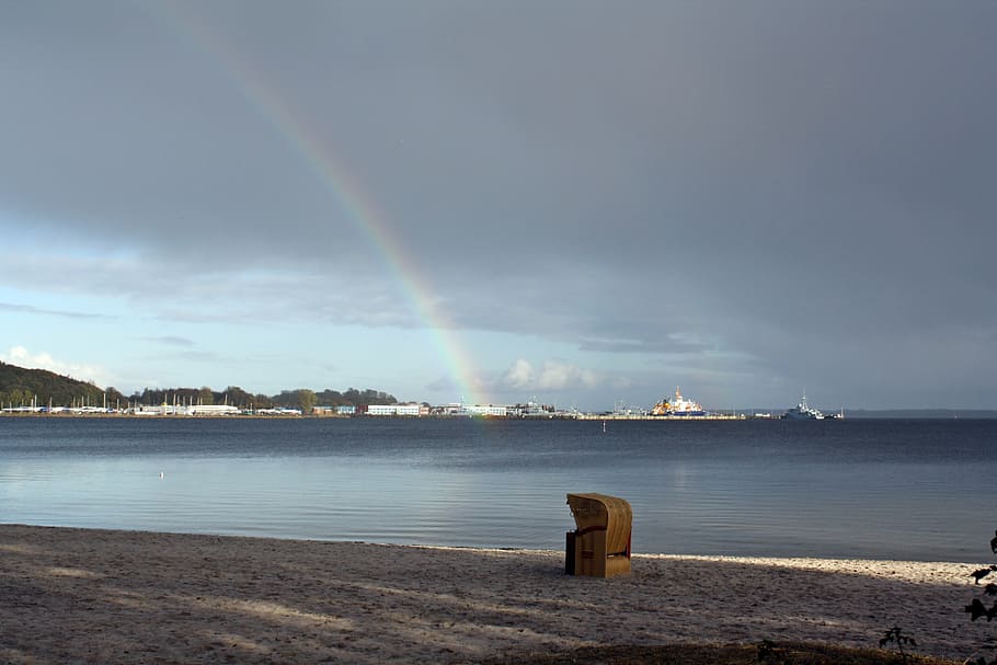 beach chair, baltic sea, mood, atmosphere, chillout, rainbow, eckernförde, meditation, haunting, lost places